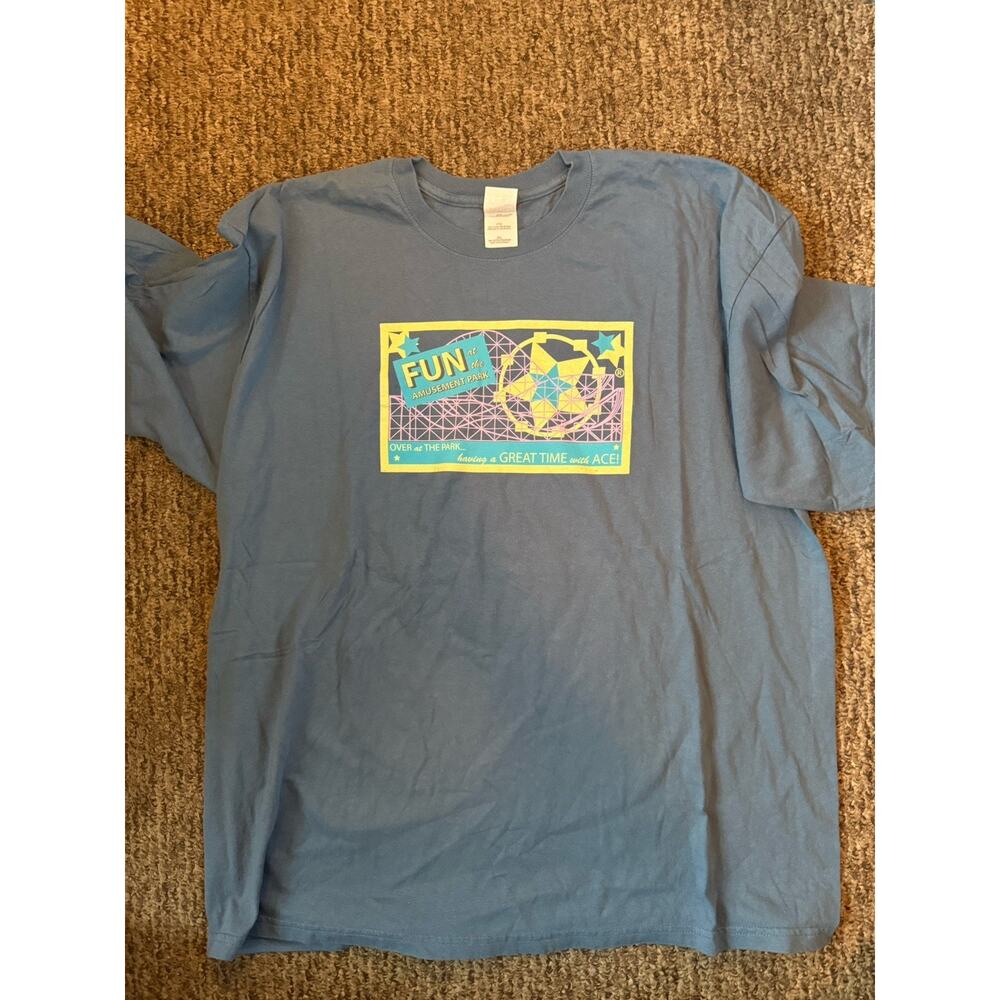 Vintage ACE Roller Coaster T-Shirt 2XL Blue Amusement Park Fun Graphic Tee
